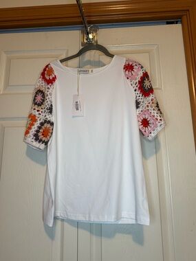 LoveSoft White Tee with Multicolor Crochet Short Sleeves - S